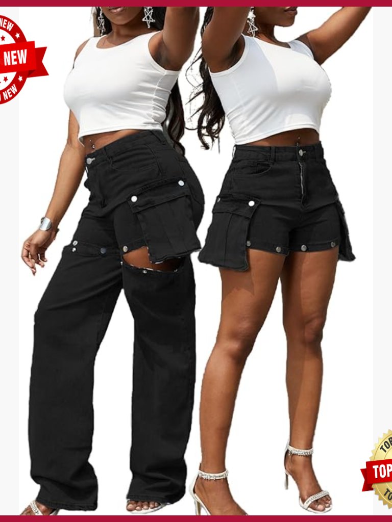 Cargo Jeans & Denim Shorts Convertible Patchwork Buttons